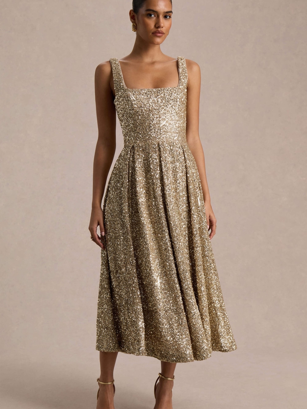 Lima | Champagne Sequin Square-Neck A-Line Midi Dress
US 6 / champagne